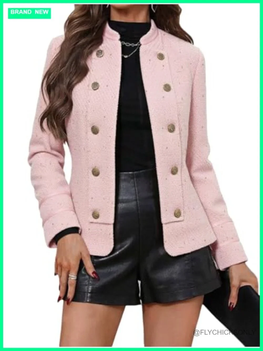 Women's Tweed Blazer Jacket - Open Front Slim Double-Breasted Stand Collar Work